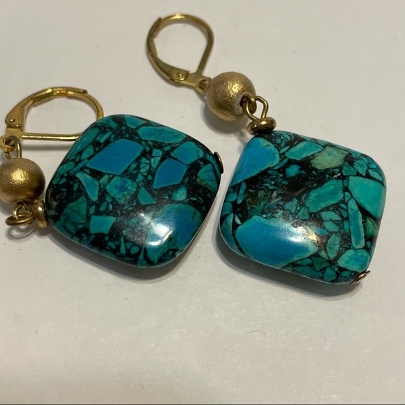 Faux Turquoise Drop Earrings Square Lever Back. - Picture 12 of 13